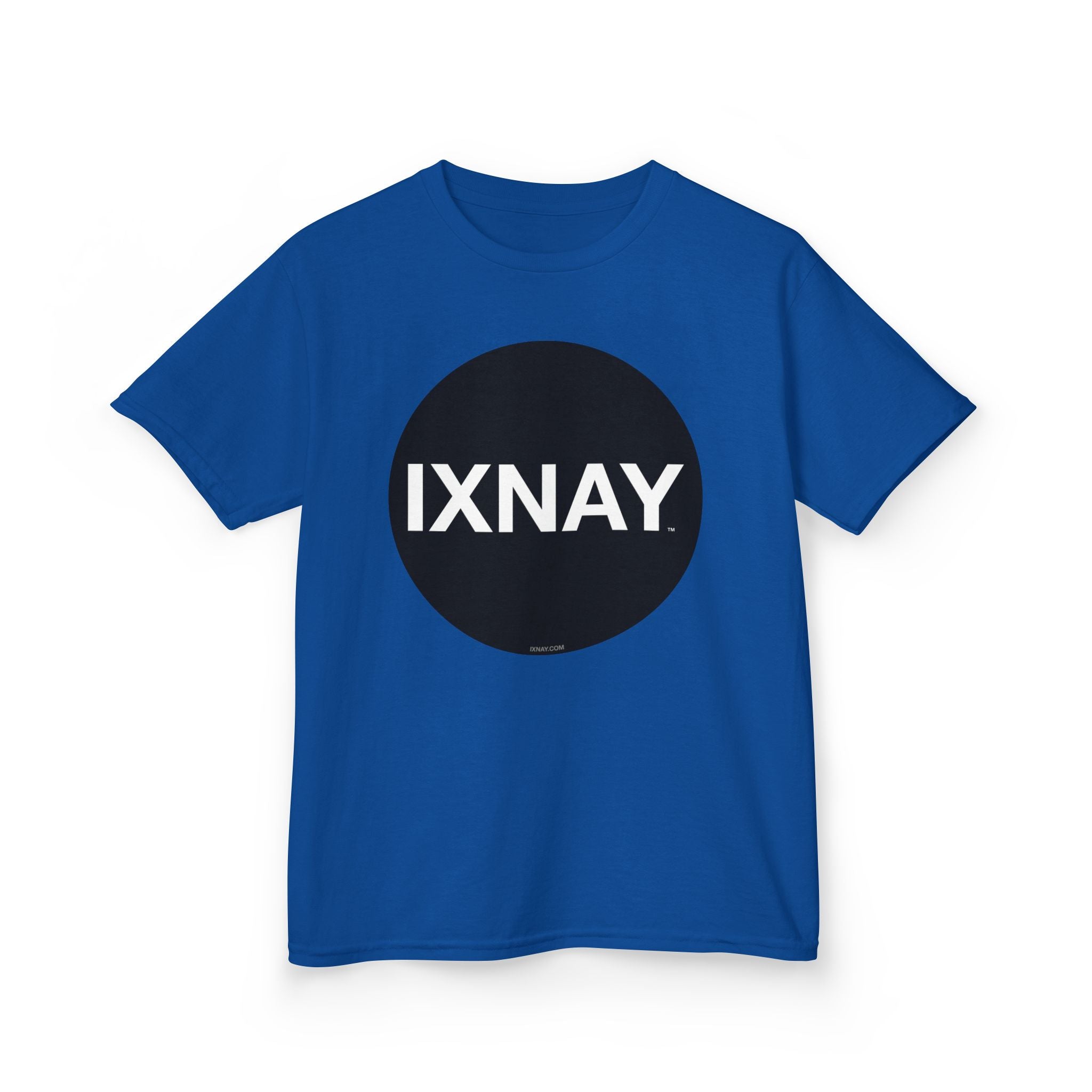 Blue t-shirt with a black circle and 'IXNAY' text on a white background