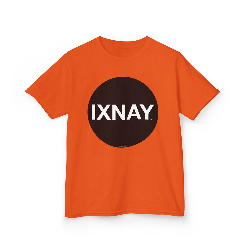 Orange t-shirt with a black circle and 'IXNAY' text on a white background