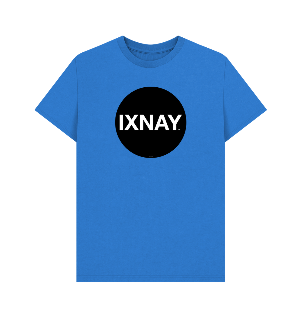 Bright Blue Printed T-shirt with Original Black Round IXNAY Logo to represent the artist and musician IXNAY