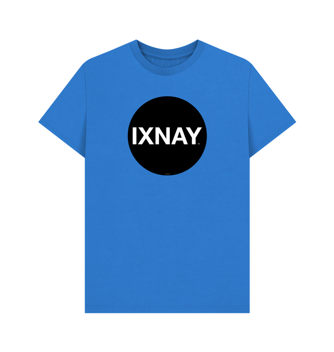 Bright Blue Printed T-shirt with Original Black Round IXNAY Logo to represent the artist and musician IXNAY