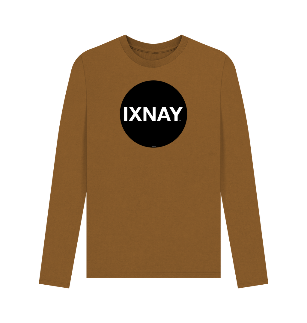 Brown Printed Men's Long-sleeved T-Shirt with Original Black Round IXNAY Logo from the artist and musician IXNAY