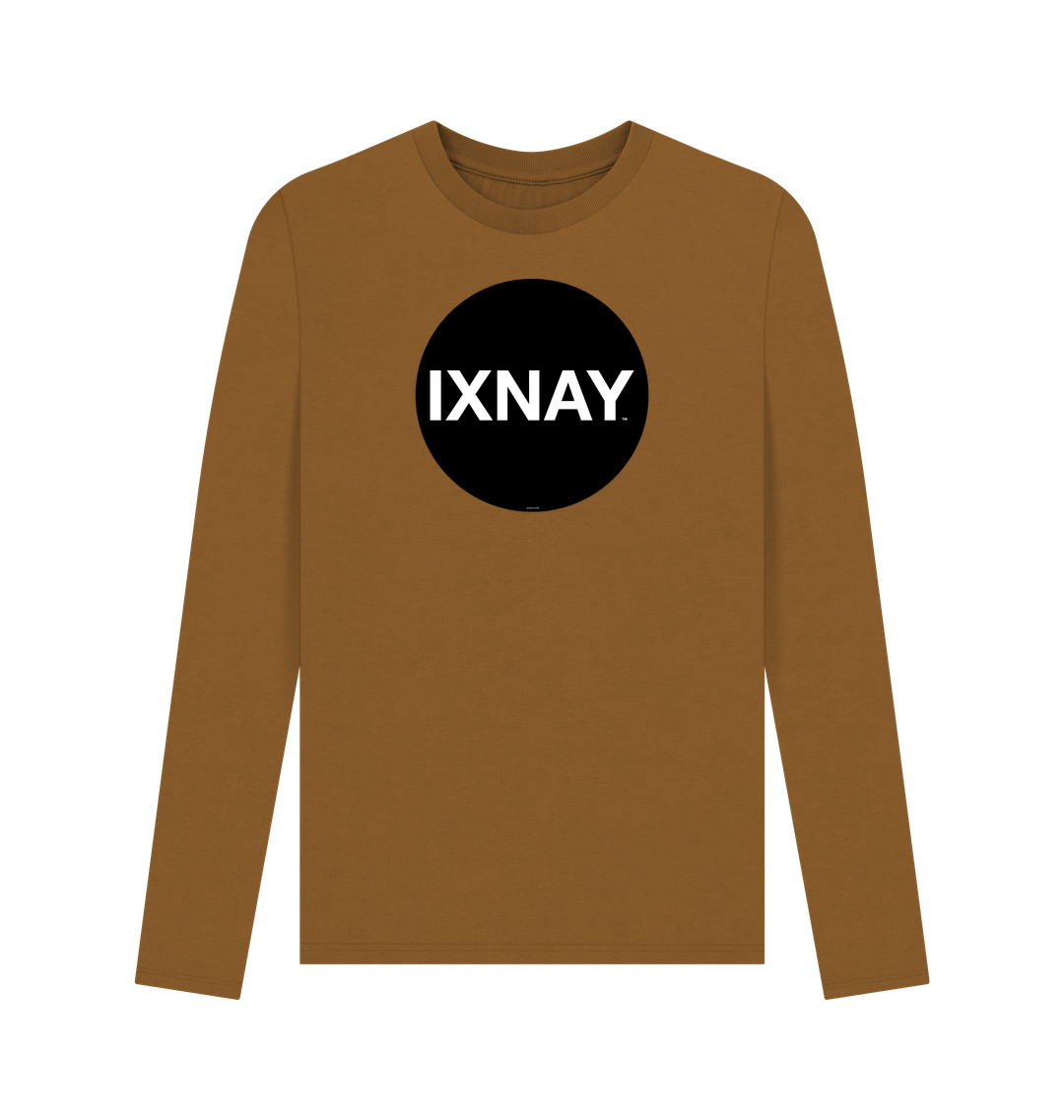Brown Printed Men's Long-sleeved T-Shirt with Original Black Round IXNAY Logo from the artist and musician IXNAY