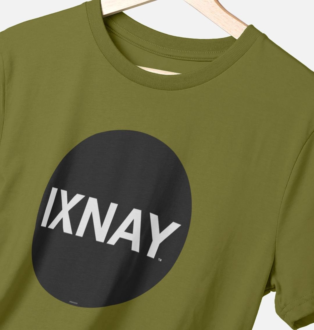 Closeup shot of a moss green Printed Men's T-Shirt with Original Black Round IXNAY Logo to represent the artist and musician IXNAY