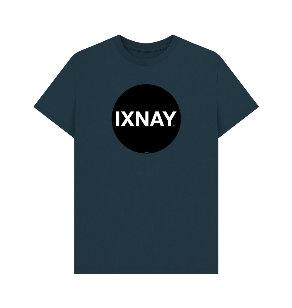 Denim Blue Printed T-shirt with Original Black Round IXNAY Logo to represent the artist and musician IXNAY