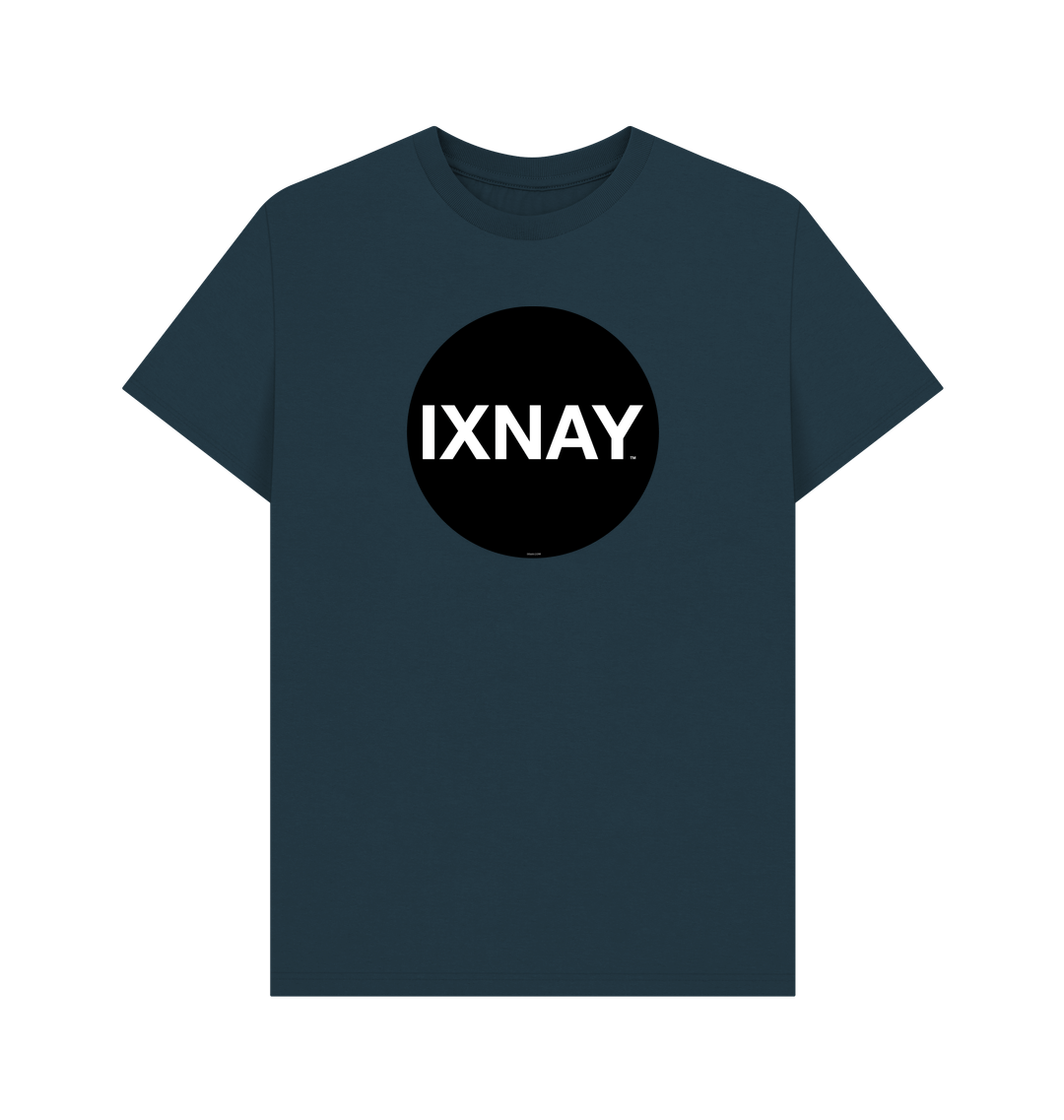 Denim Blue Printed T-shirt with Original Black Round IXNAY Logo to represent the artist and musician IXNAY