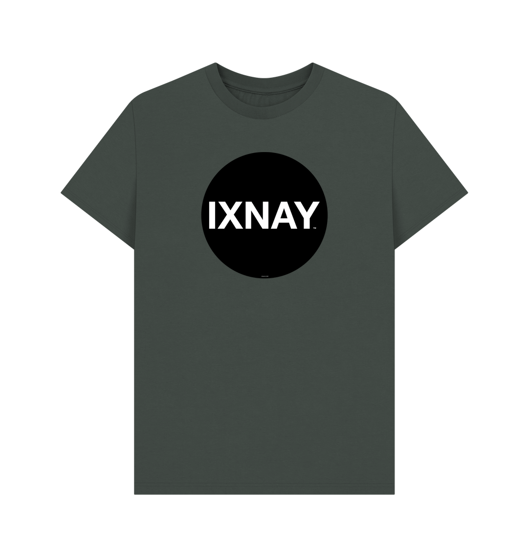 Full view of a dark gray t-shirt that is emblazoned on the front with a black circular logo with large white font in all caps displaying the single word IXNAY to represent the artist and musician IXNAY