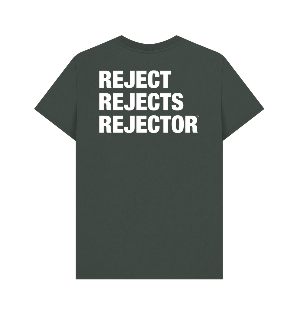Full view of the back of a dark gray t-shirt that says REJECT REJECTS REJECTOR in very large white font in all caps that represents a catchphrase of the artist and musician IXNAY