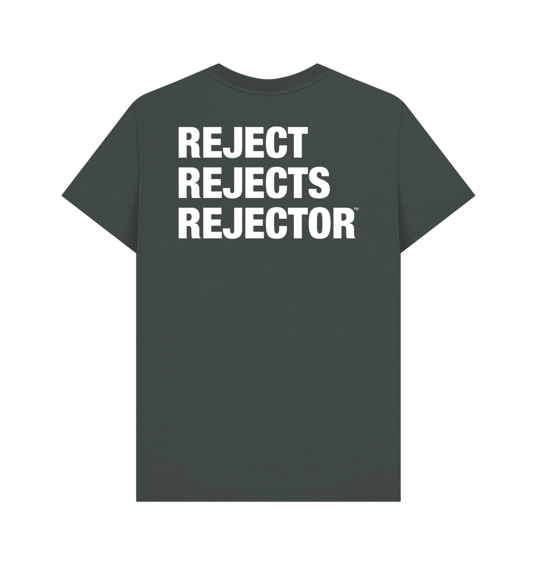 Full view of the back of a dark gray t-shirt that says REJECT REJECTS REJECTOR in very large white font in all caps that represents a catchphrase of the artist and musician IXNAY