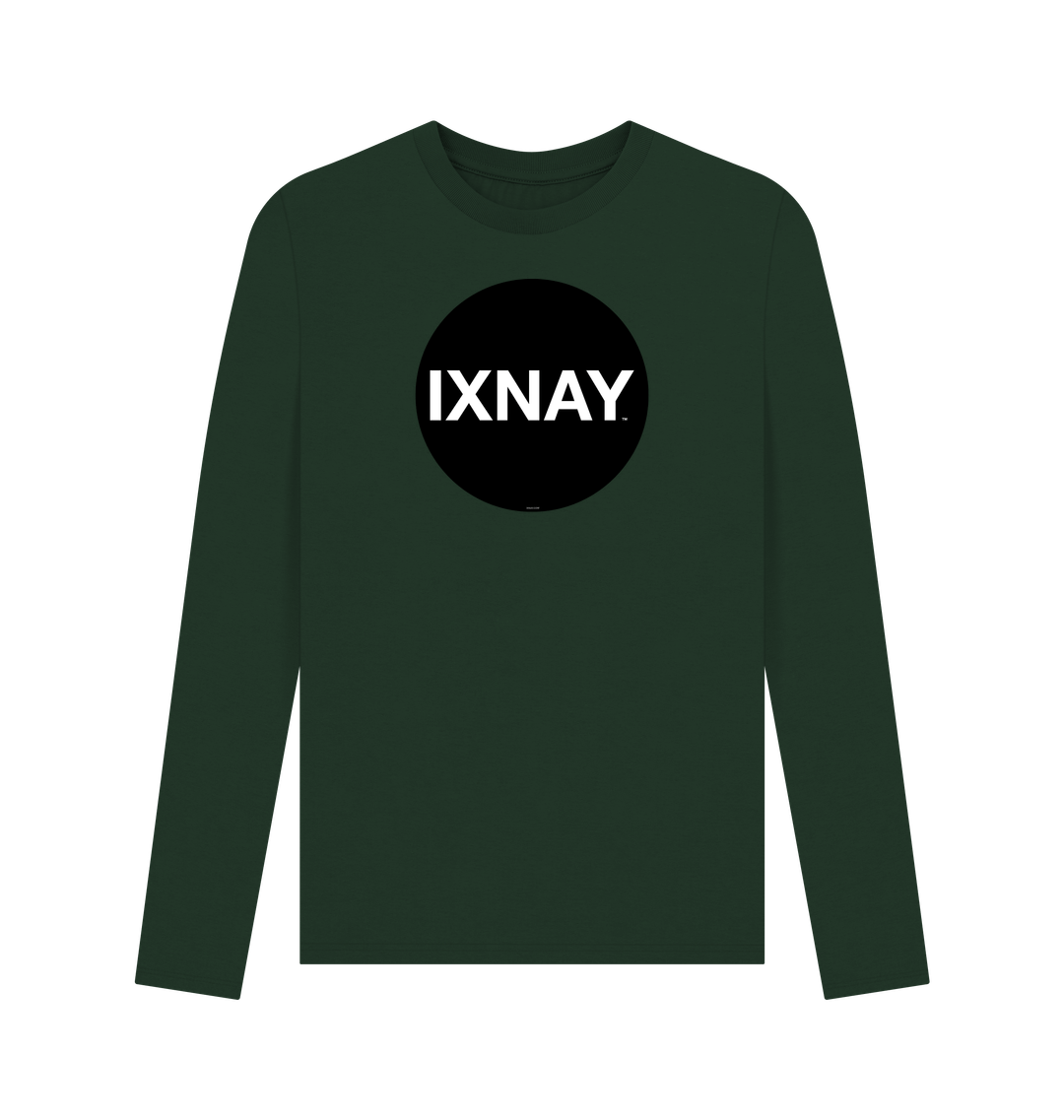 Evergreen Dark Green Printed Men's Long-sleeved T-Shirt with Original Black Round IXNAY Logo from the artist and musician IXNAY