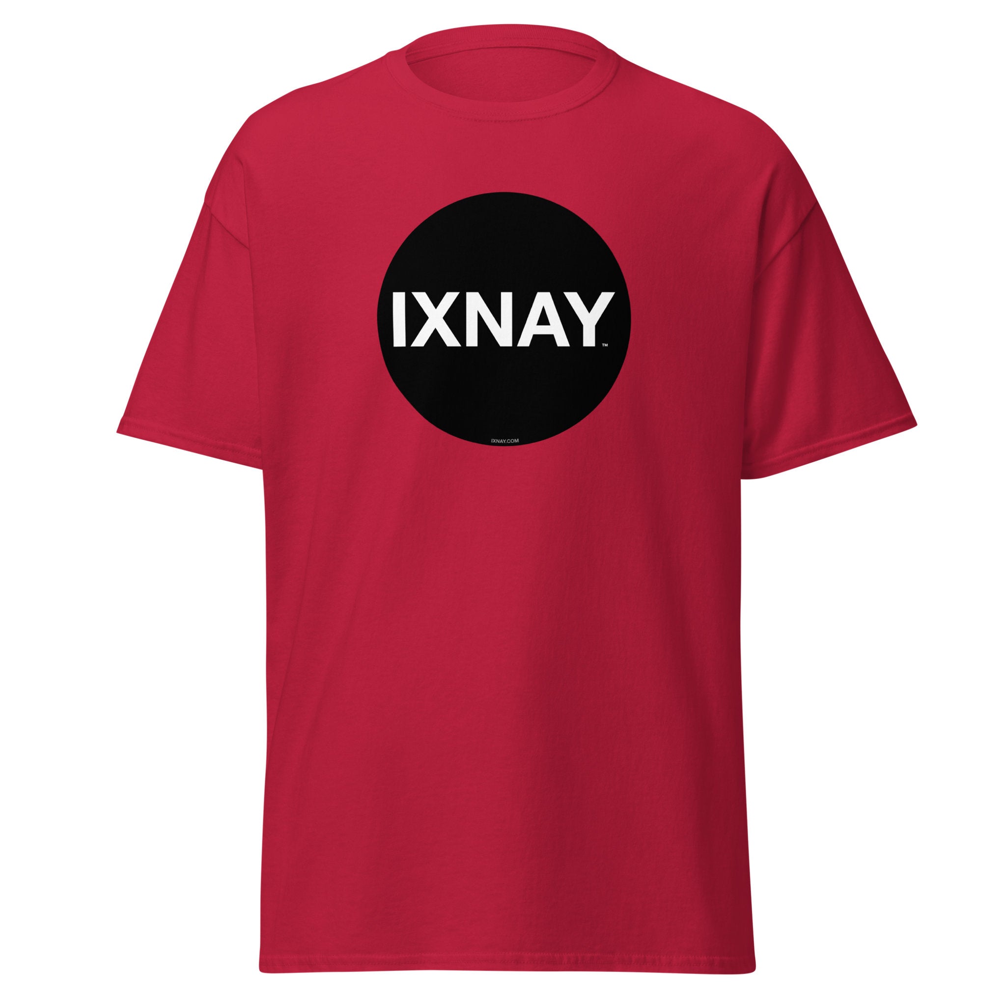 A product shot of a red t-shirt in cardinal red, with a circular black logo that has the word 'IXNAY' in white.