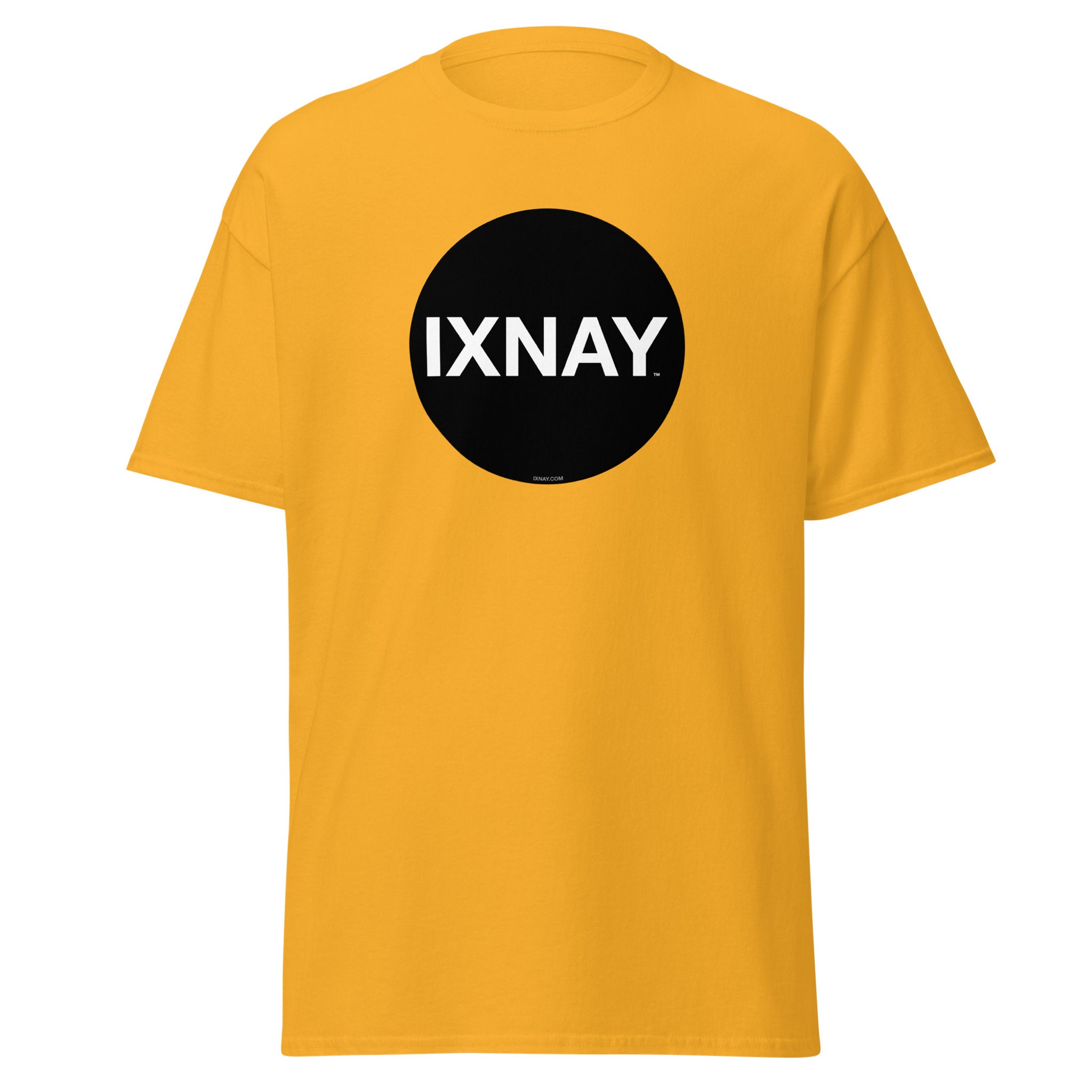 A product shot of a yellow t-shirt in gold, with a circular black logo that has the word 'IXNAY' in white.