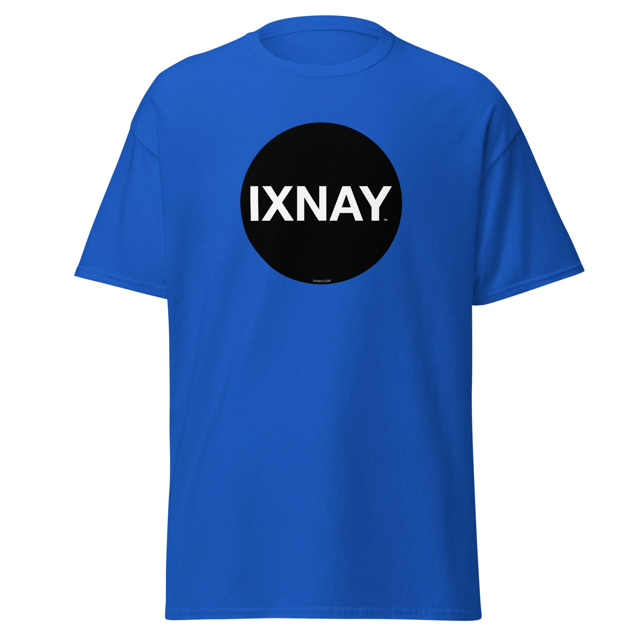 A product shot of a blue t-shirt in royal blue, with a circular black logo that has the word 'IXNAY' in white.