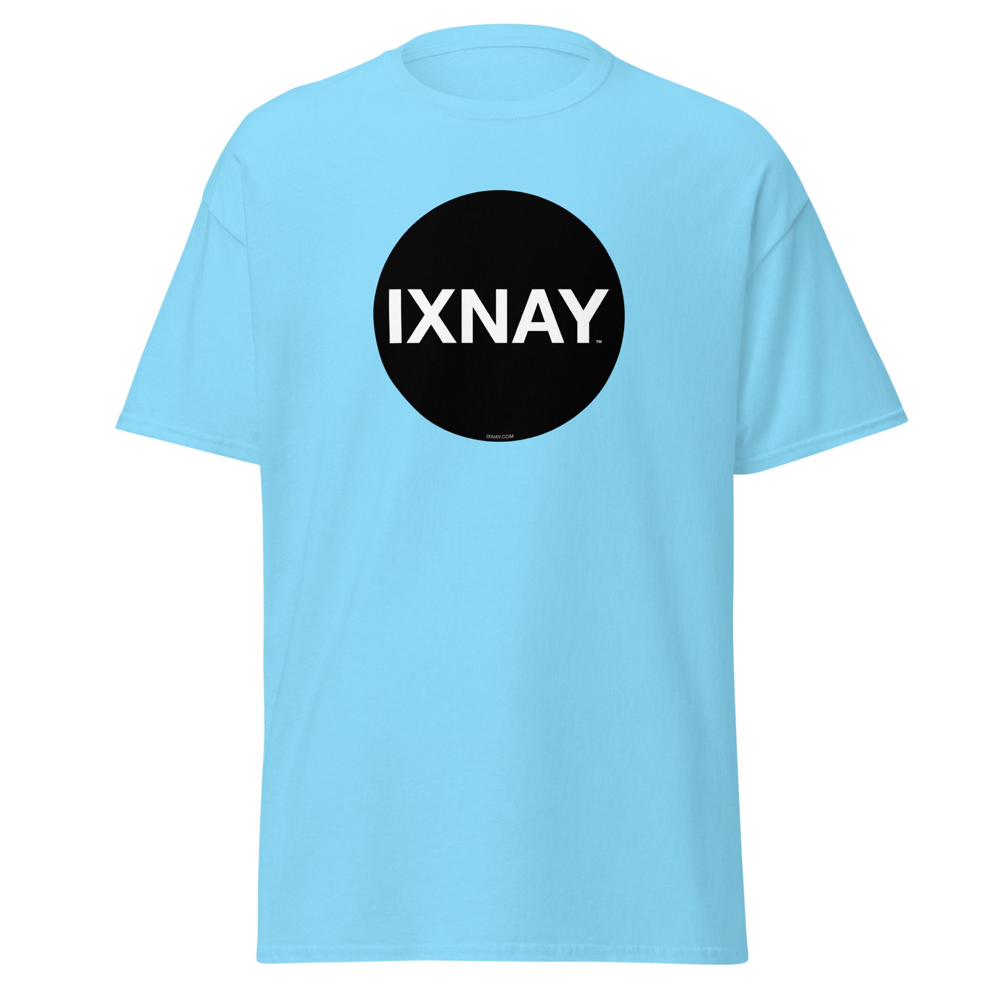 A product shot of a light blue t-shirt in sky blue, with a circular black logo that has the word 'IXNAY' in white.