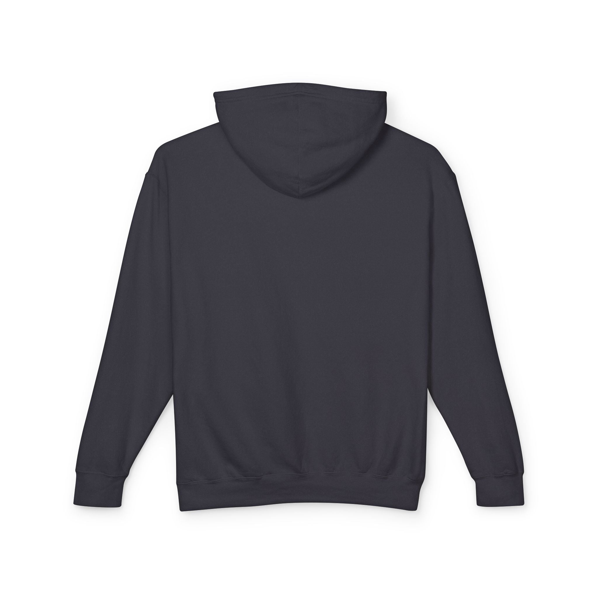 A product shot of the back of a black hoodie.