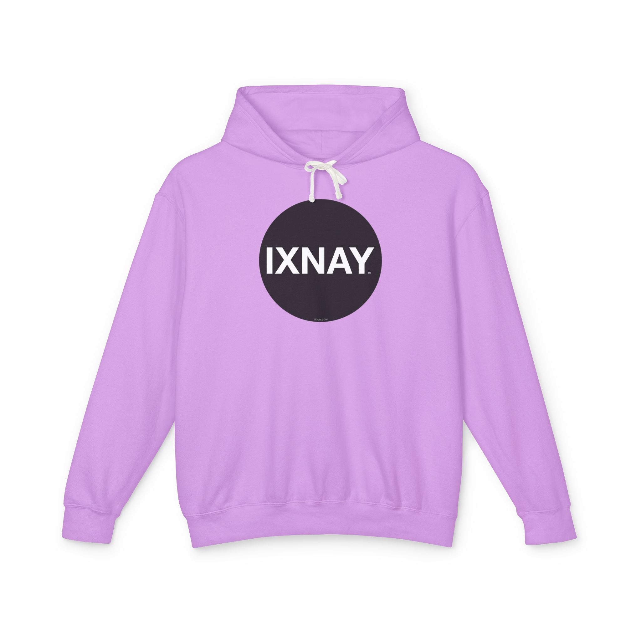 A product shot of a pink hoodie in violet pink, with a circular black logo that has the word 'IXNAY' in white.