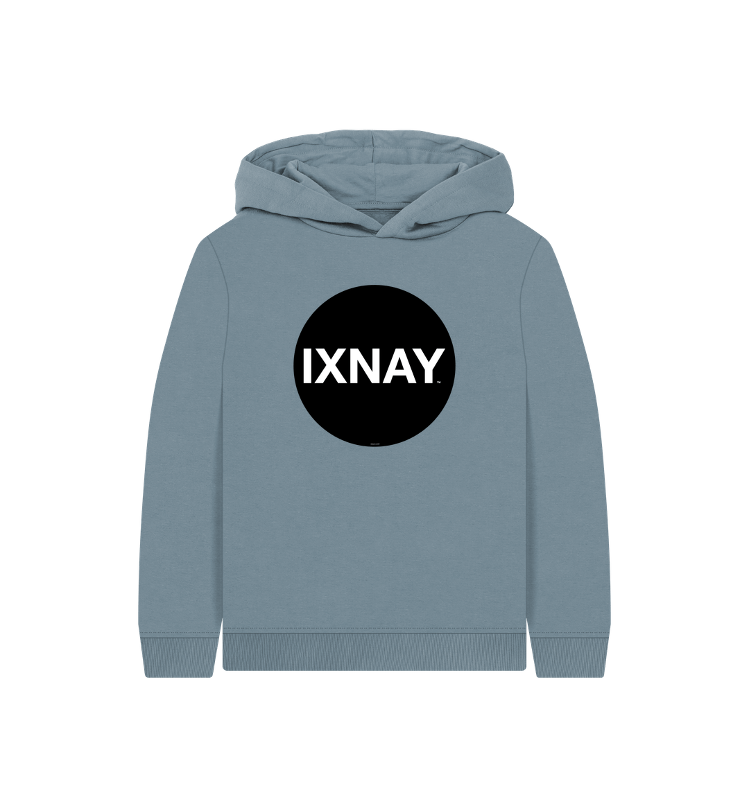 kids stone blue organic relaxed fit pullover hoodie with original black round IXNAY logo