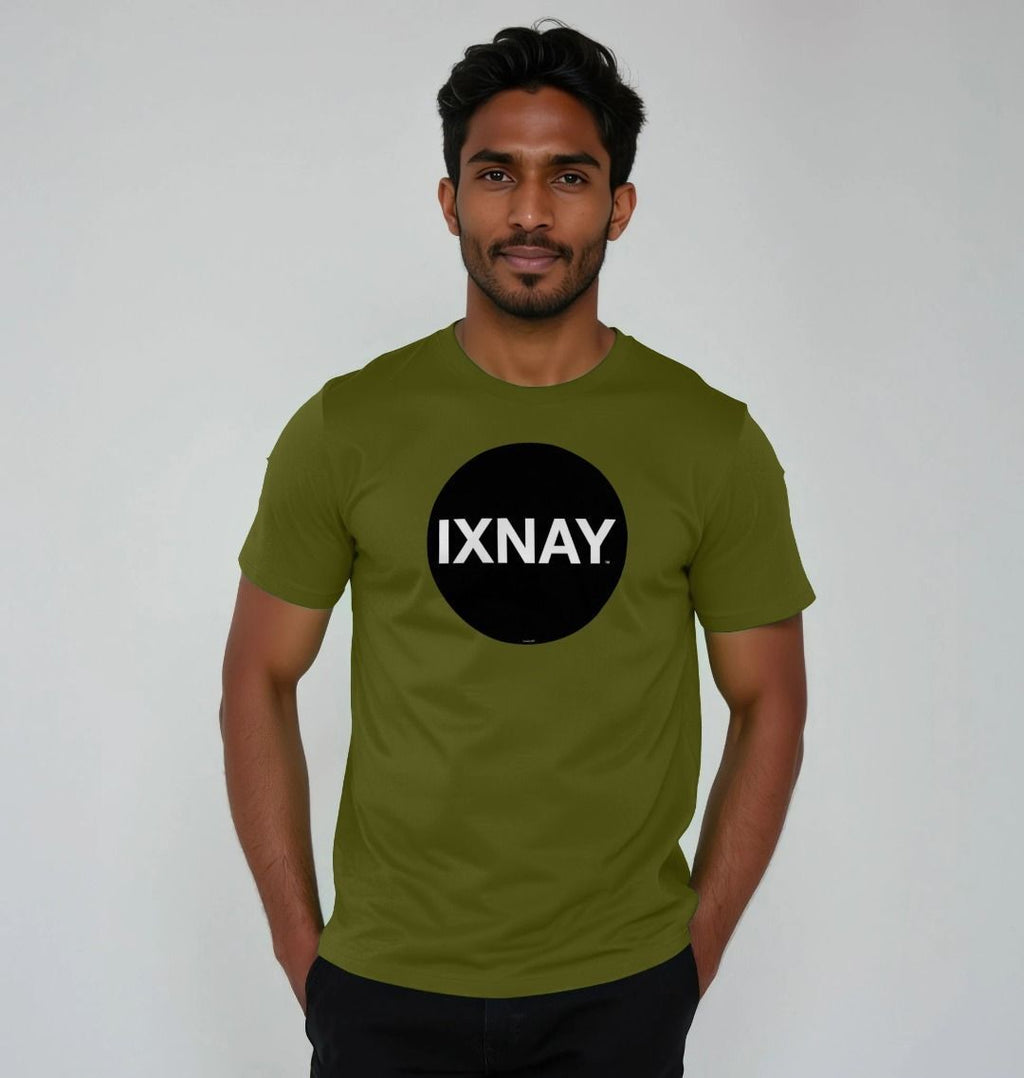 Man smiling confidently while wearing a moss green Printed Men's T-Shirt with Original Black Round IXNAY Logo to represent the artist and musician IXNAY