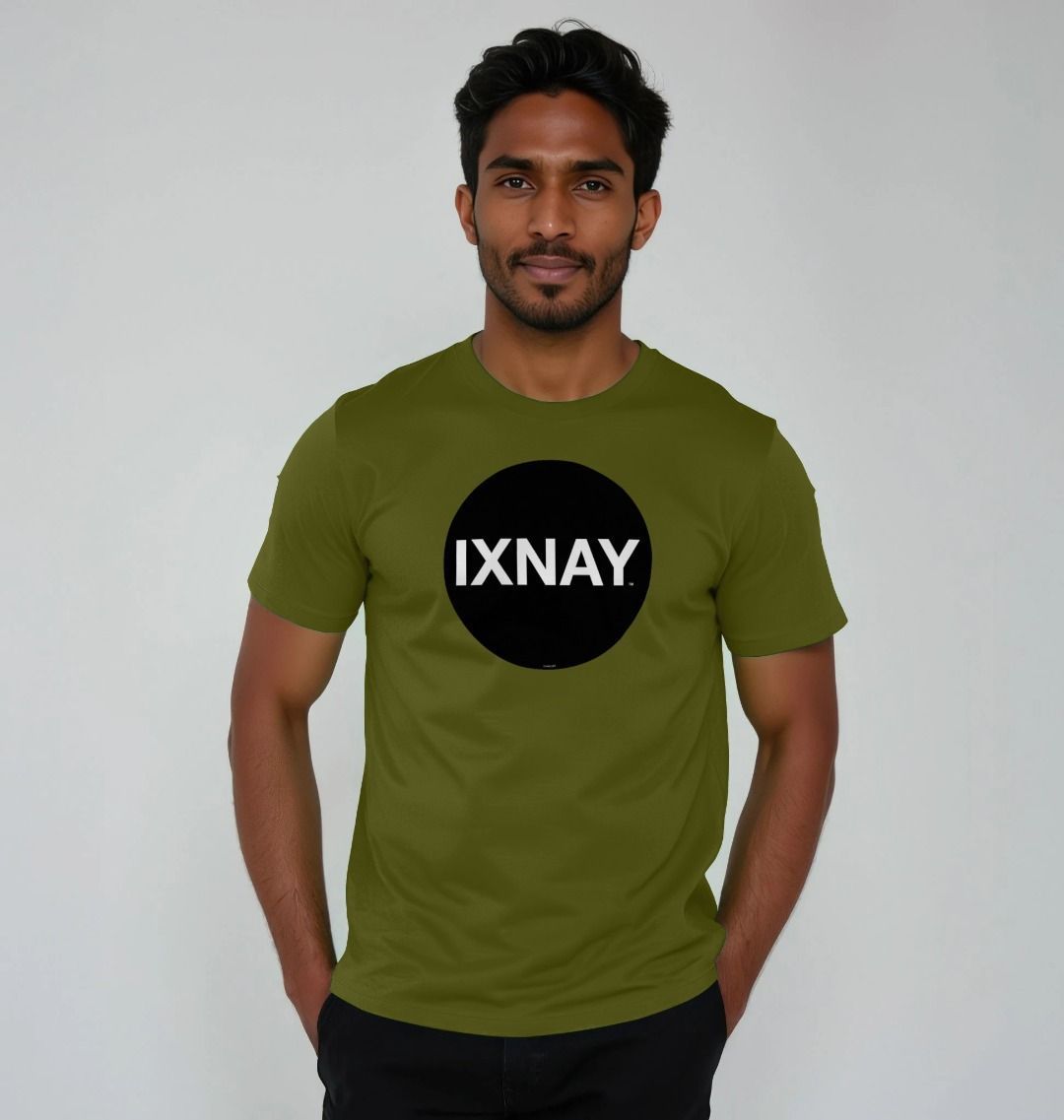 Man smiling confidently while wearing a moss green Printed Men's T-Shirt with Original Black Round IXNAY Logo to represent the artist and musician IXNAY