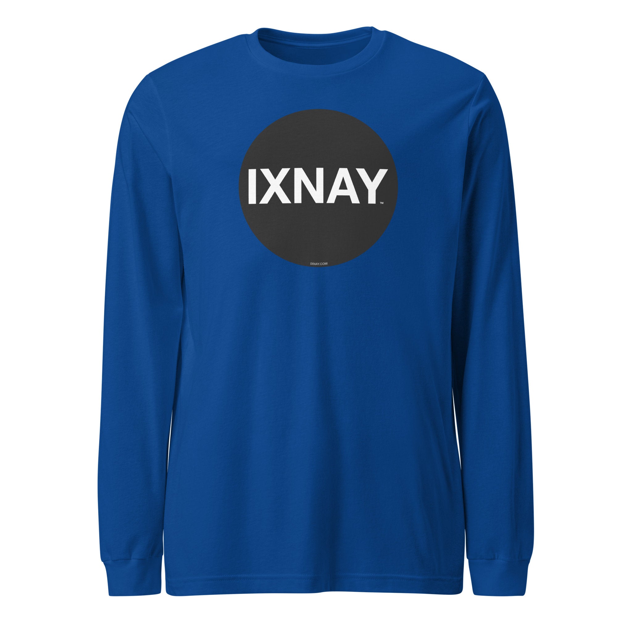 Blue long-sleeve shirt with 'IXNAY' logo on a white background