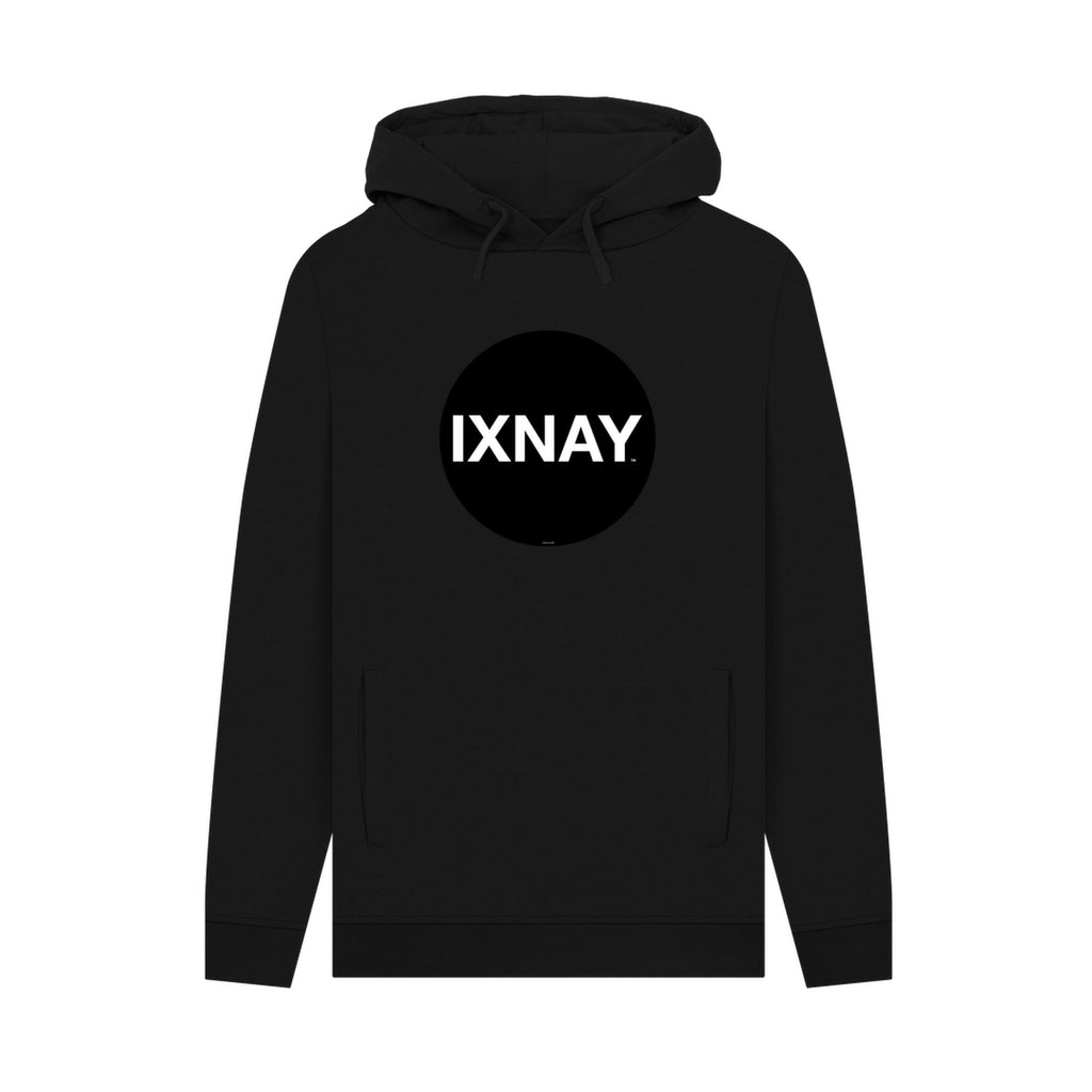 Black hoodie with 'IXNAY' logo on a white background