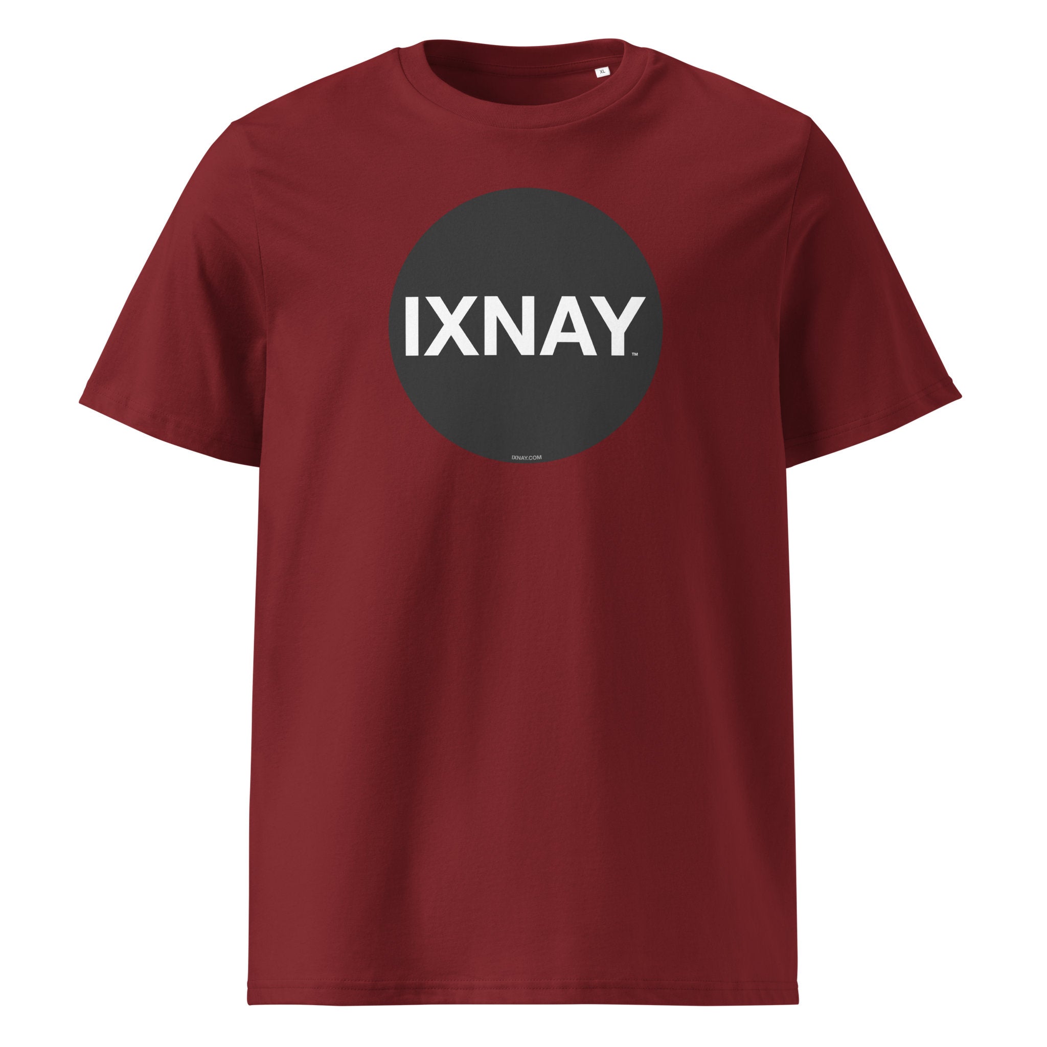 Burgundy t-shirt with a black circle and 'IXNAY' text on a white background