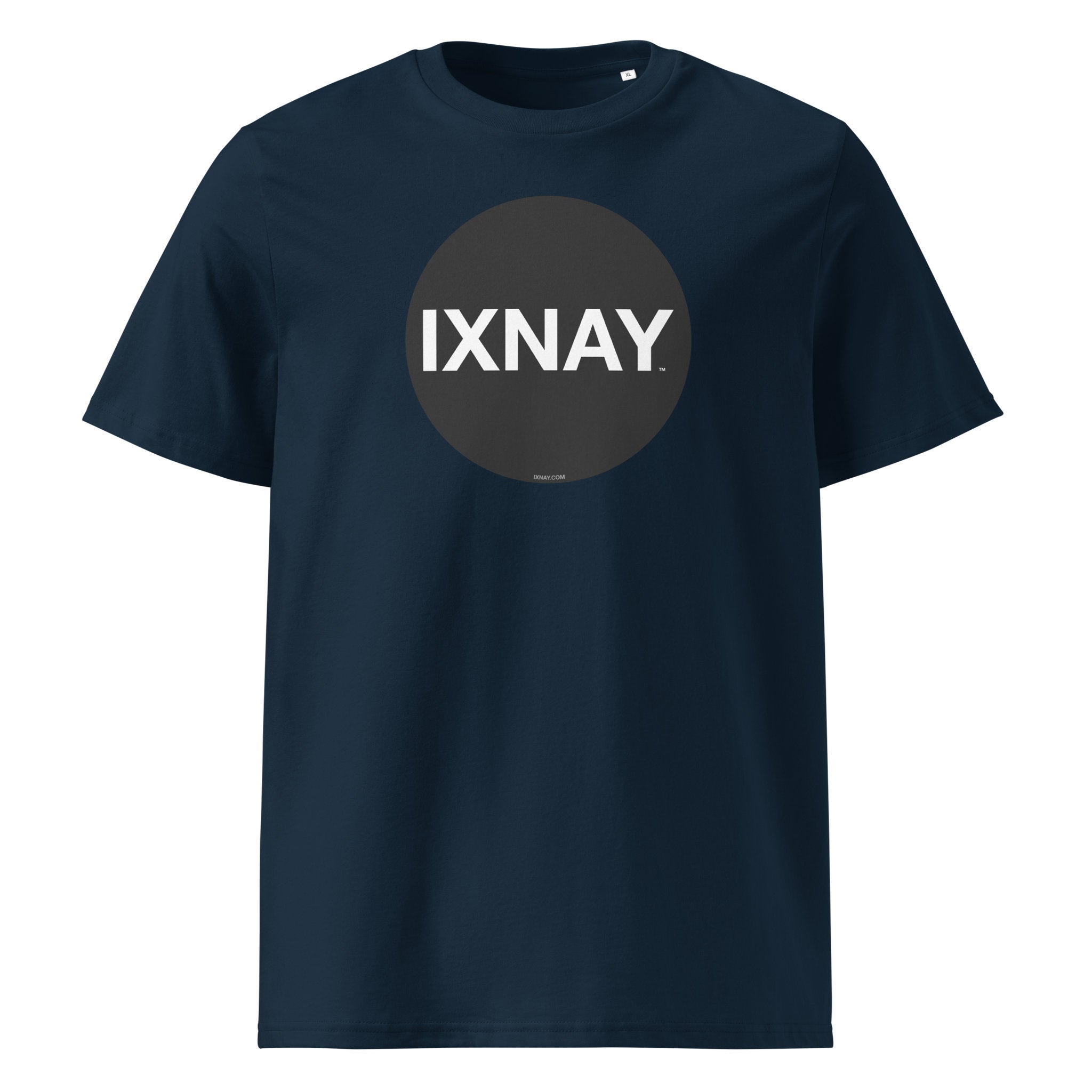 Navy t-shirt with 'IXNAY' logo on a white background