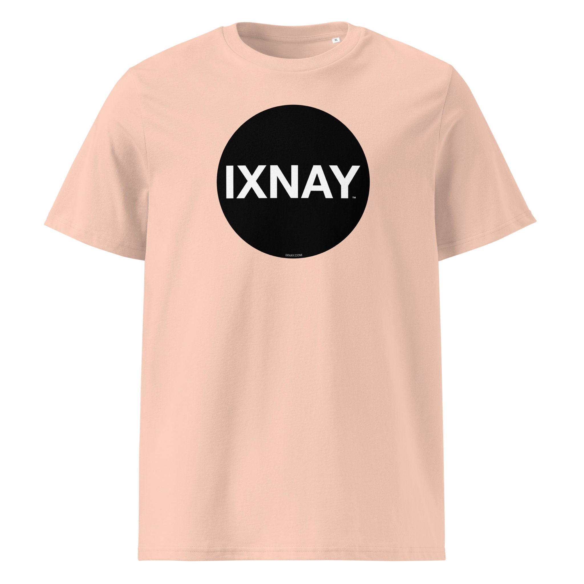 Peach t-shirt with a black circle and 'IXNAY' text on a white background