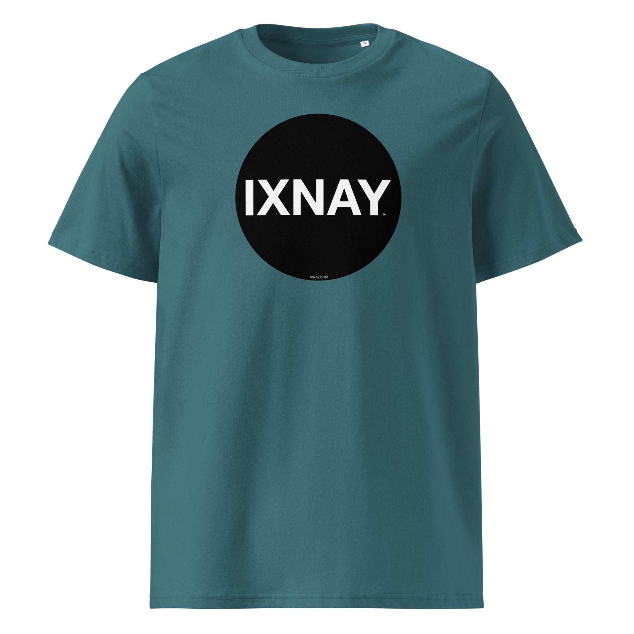 Teal t-shirt with a black circle and 'IXNAY' text on a white background