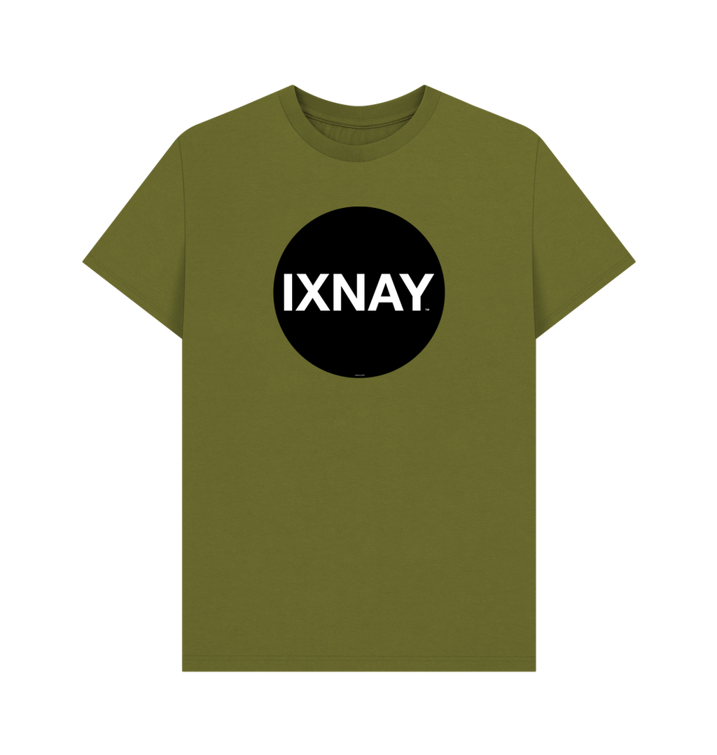 Full view of a moss green t-shirt that is emblazoned on the front with a black circular logo with large white font in all caps displaying the single word IXNAY to represent the artist and musician IXNAY