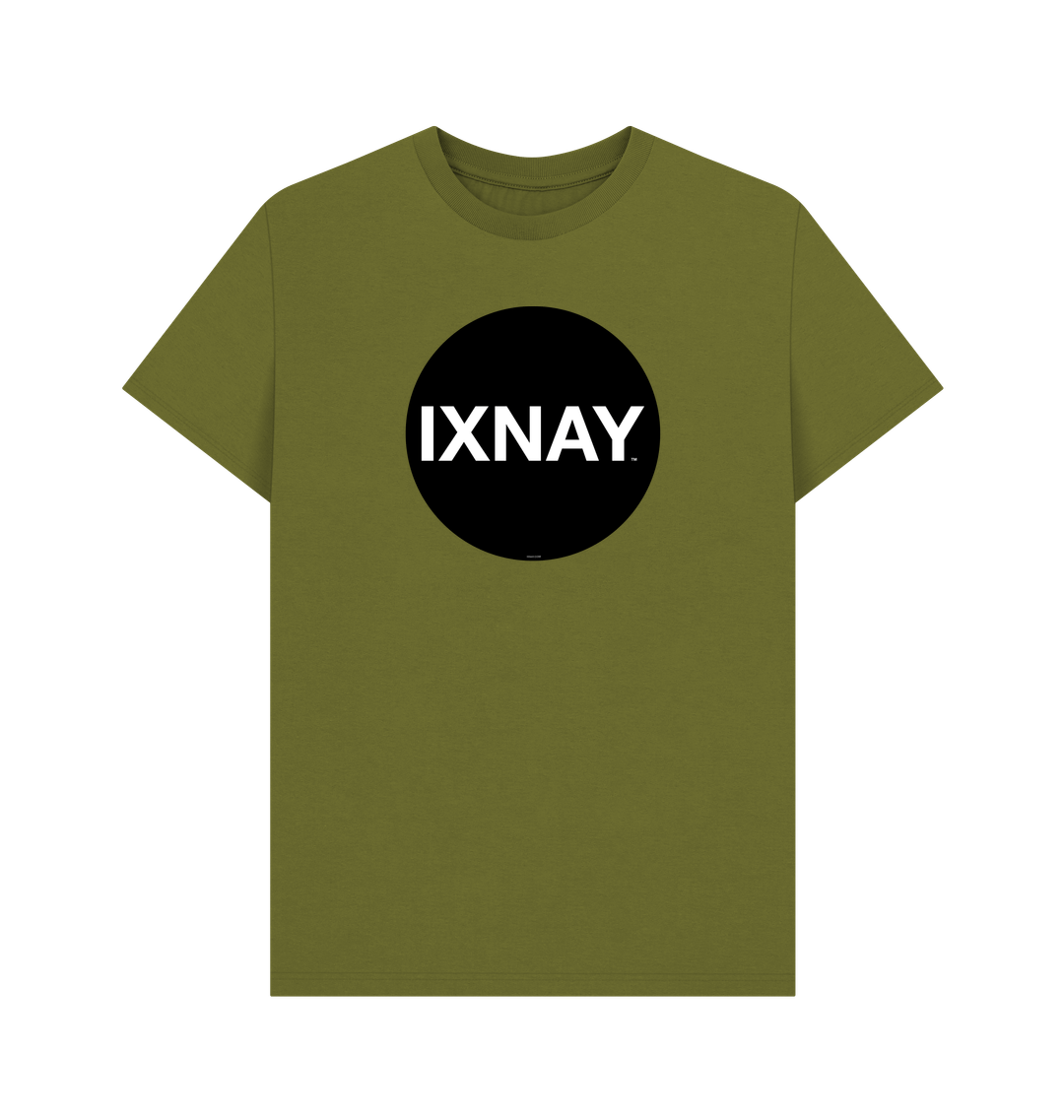 Full view of a moss green t-shirt that is emblazoned on the front with a black circular logo with large white font in all caps displaying the single word IXNAY to represent the artist and musician IXNAY
