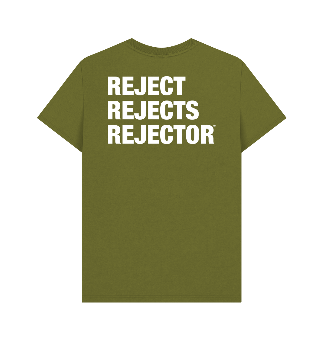 Full view of the back of a moss green t-shirt that says REJECT REJECTS REJECTOR in very large white font in all caps that represents a catchphrase of the artist and musician IXNAY
