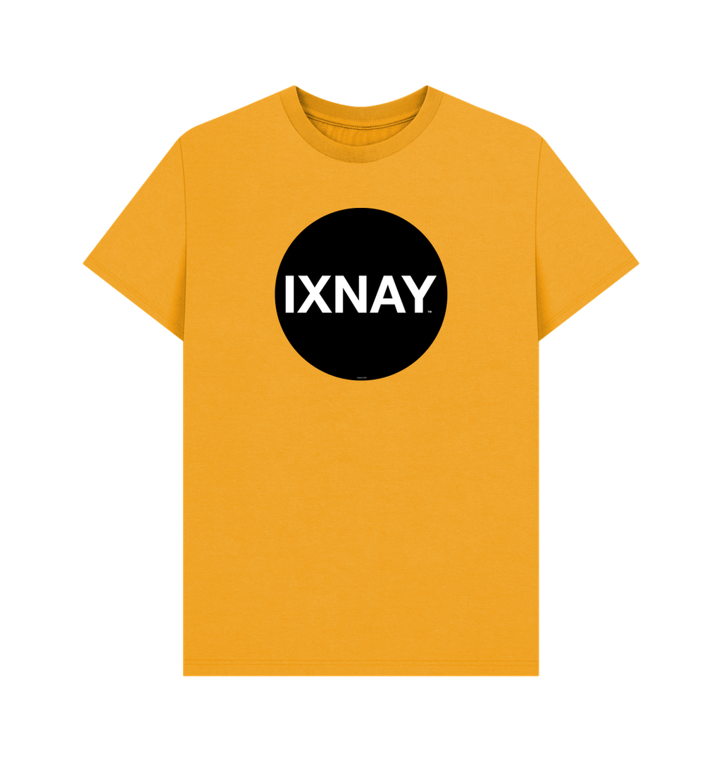 Full view of a mustard yellow t-shirt that is emblazoned on the front with a black circular logo with large white font in all caps displaying the single word IXNAY to represent the artist and musician IXNAY