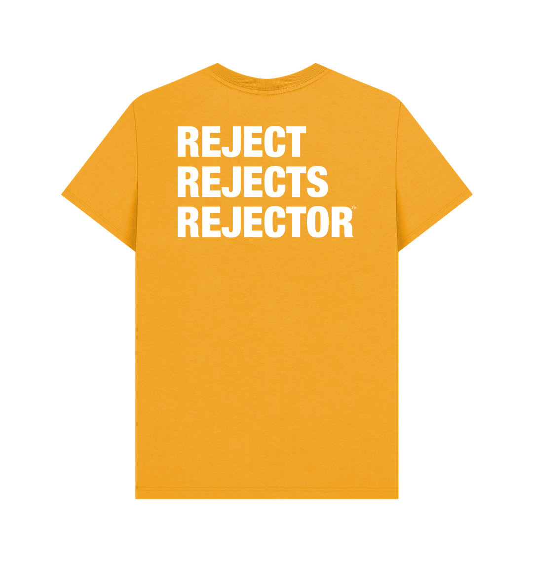 Full view of the back of a mustard yellow t-shirt that says REJECT REJECTS REJECTOR in very large white font in all caps that represents a catchphrase of the artist and musician IXNAY