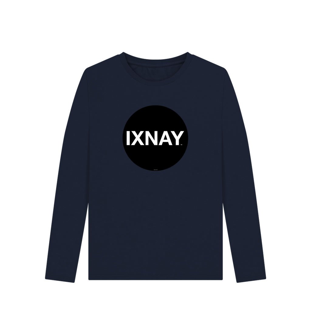 Navy Blue Printed Women's Long-sleeved T-Shirt with Original Black Round IXNAY Logo from the artist and musician IXNAY