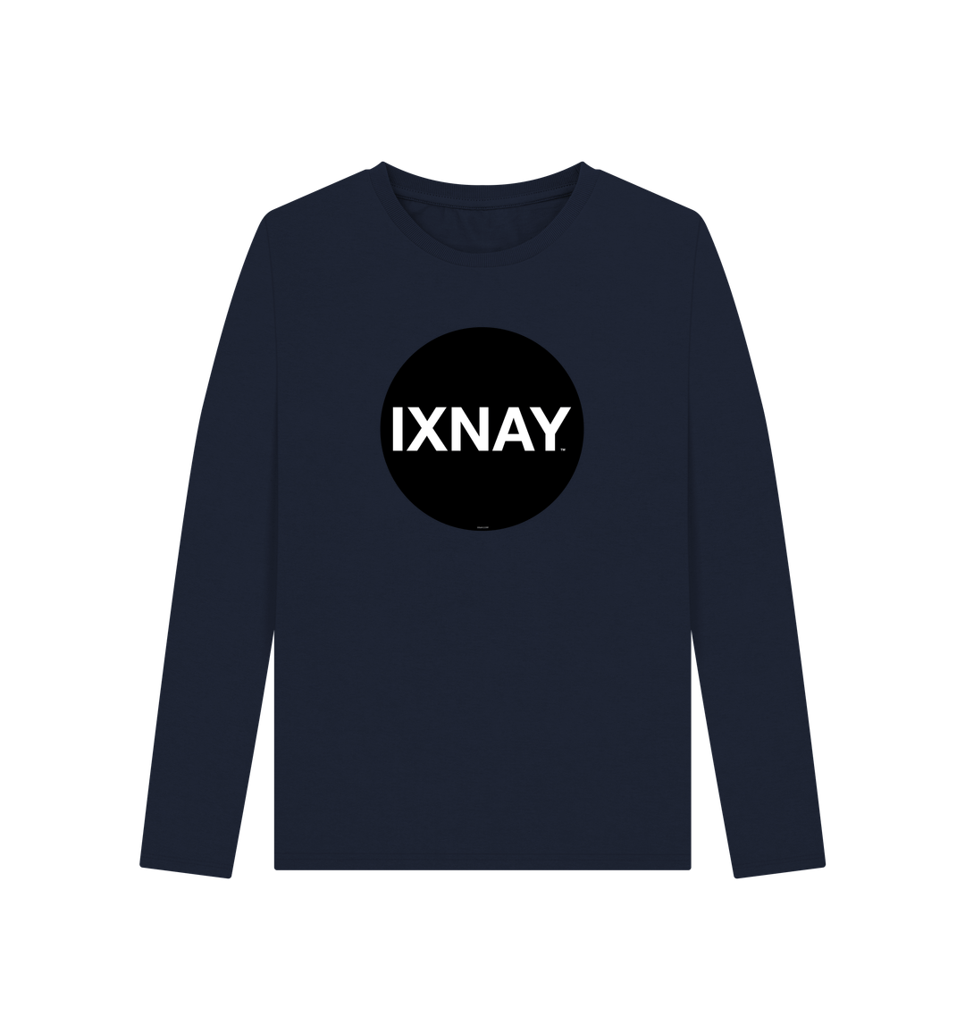 Navy Blue Printed Women's Long-sleeved T-Shirt with Original Black Round IXNAY Logo from the artist and musician IXNAY