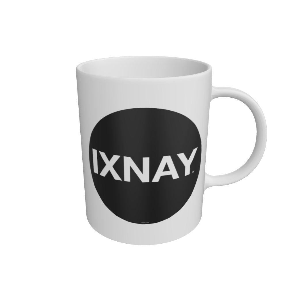 White Ceramic Mug with original black IXNAY logo on transparent background