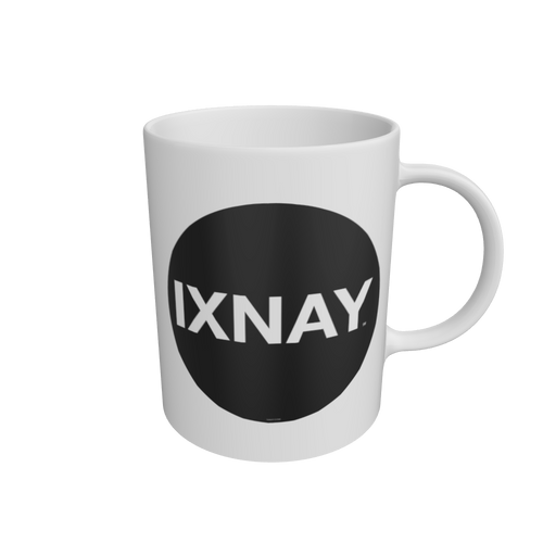 White Ceramic Mug with original black IXNAY logo on transparent background