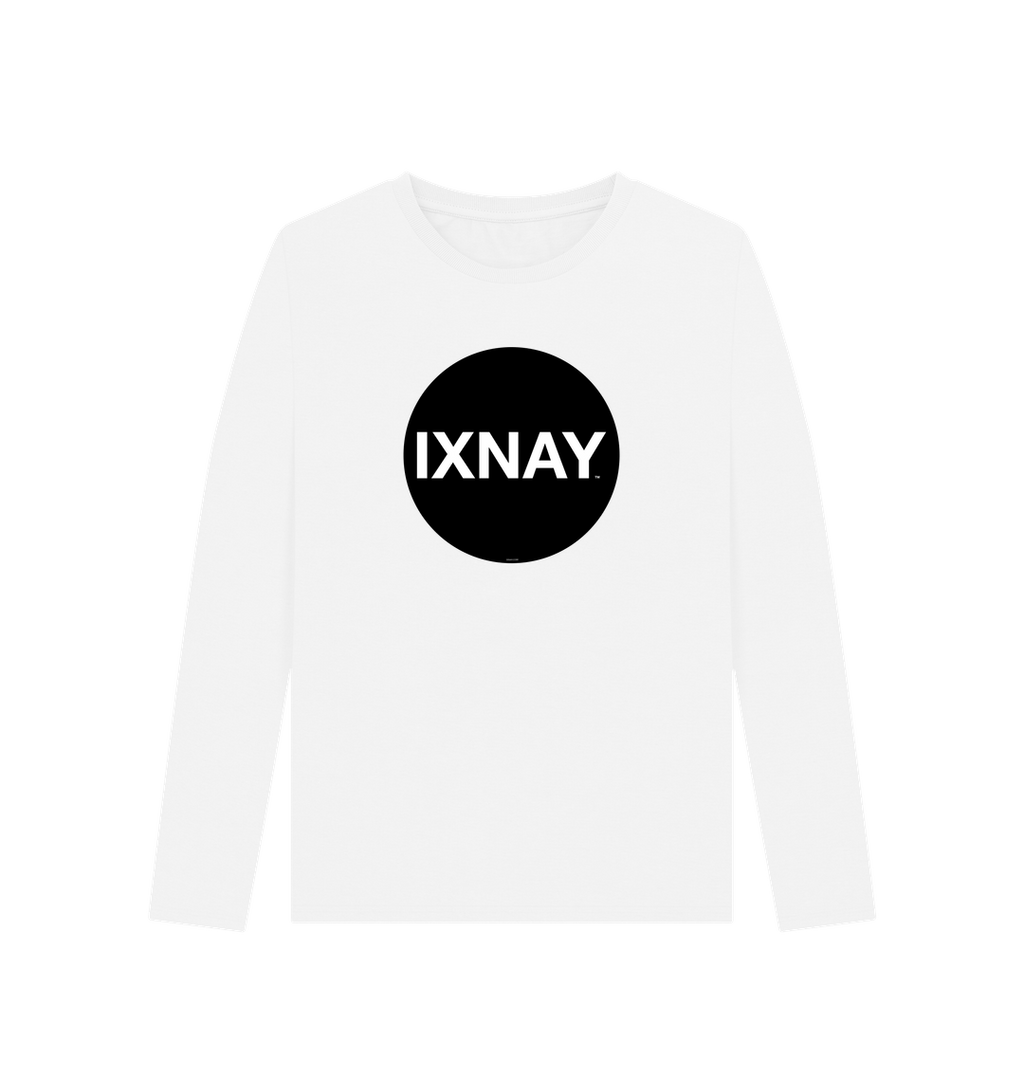White Printed Women's Long-sleeved T-Shirt with Original Black Round IXNAY Logo from the artist and musician IXNAY