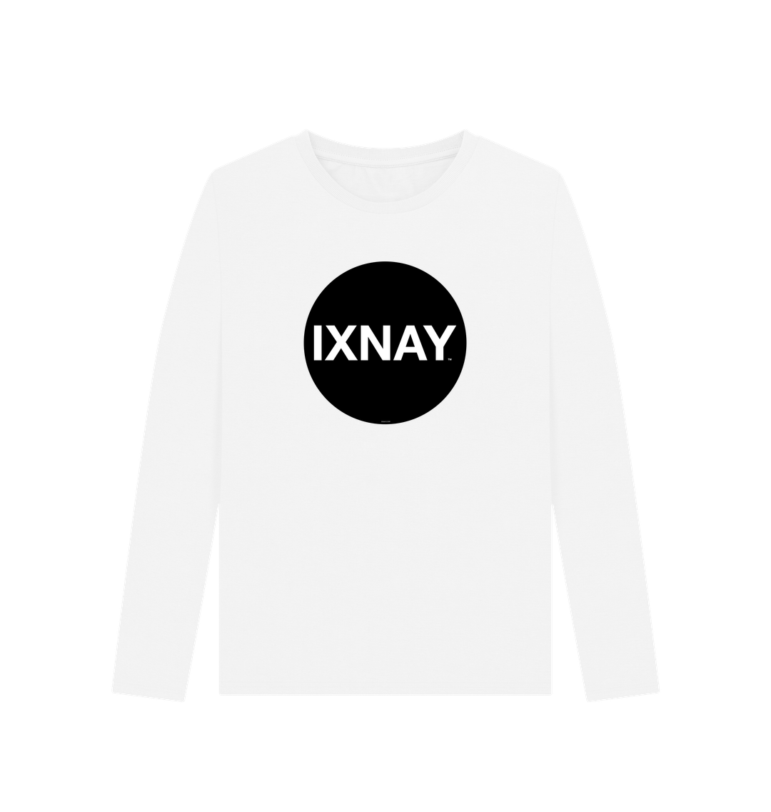 White Printed Women's Long-sleeved T-Shirt with Original Black Round IXNAY Logo from the artist and musician IXNAY
