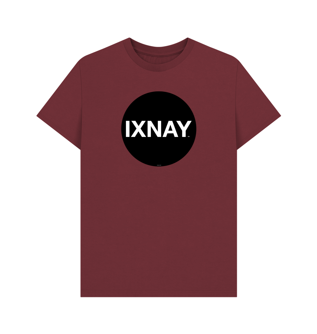 Red Wine Printed T-shirt with Original Black Round IXNAY Logo to represent the artist and musician IXNAY