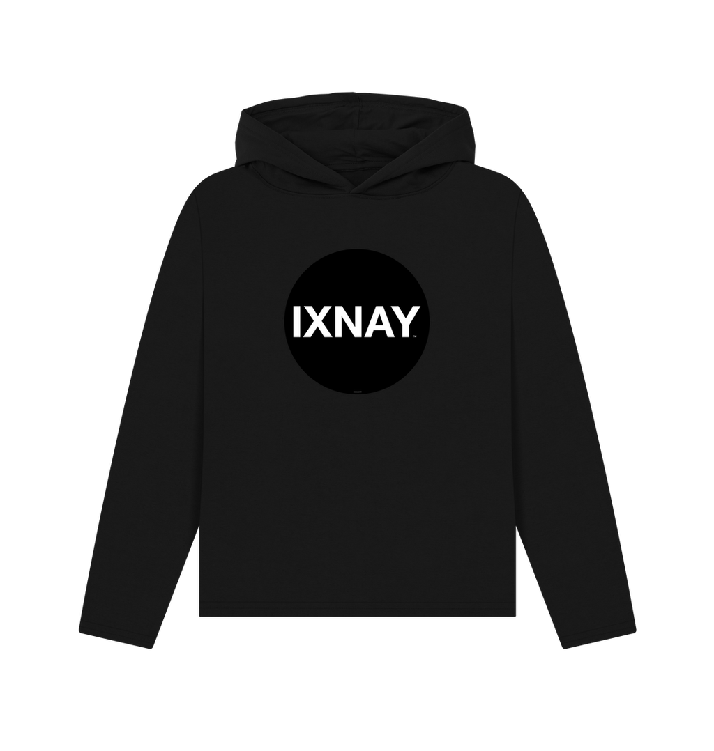 womens black organic pullover hoodie with original black round IXNAY logo