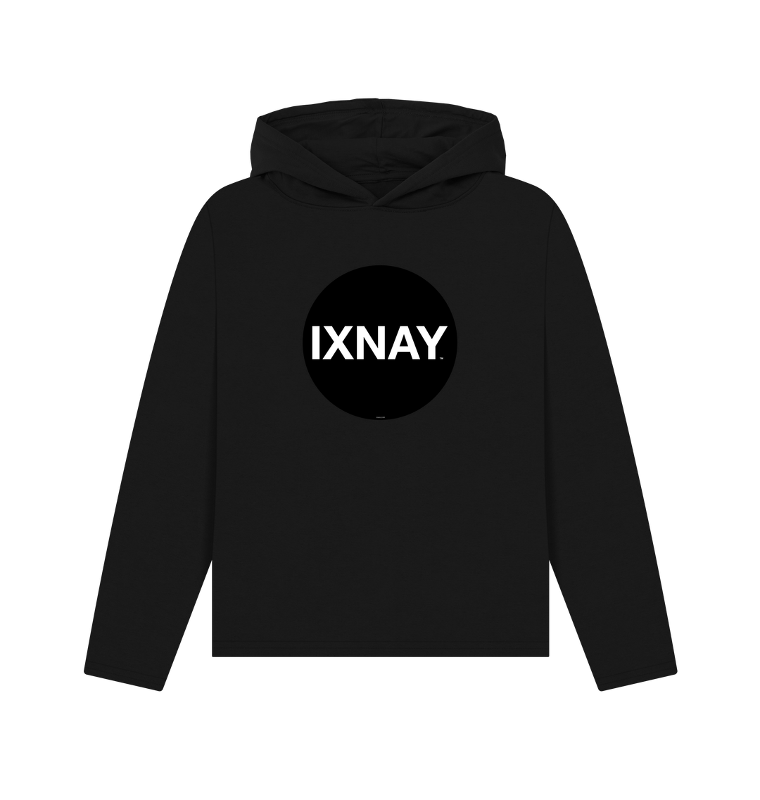 womens black organic pullover hoodie with original black round IXNAY logo