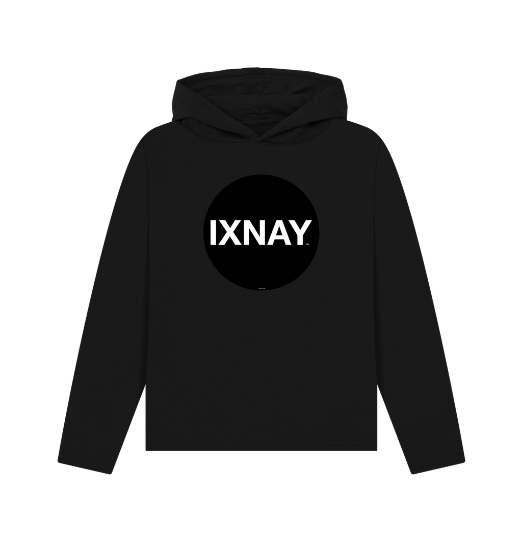 womens black organic recycled pullover hoodie with original black round IXNAY logo