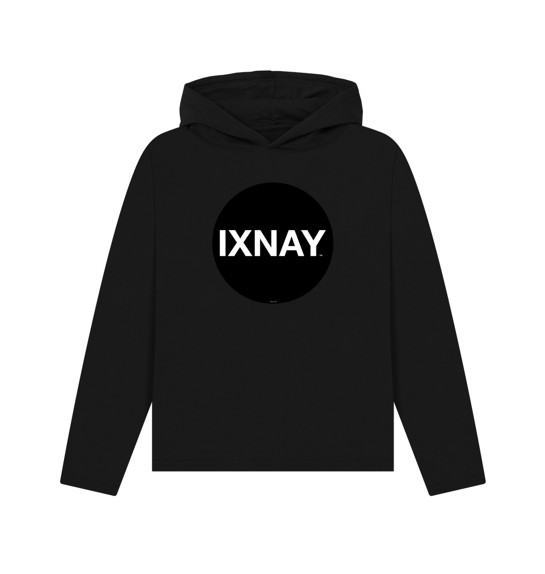 womens black organic recycled pullover hoodie with original black round IXNAY logo