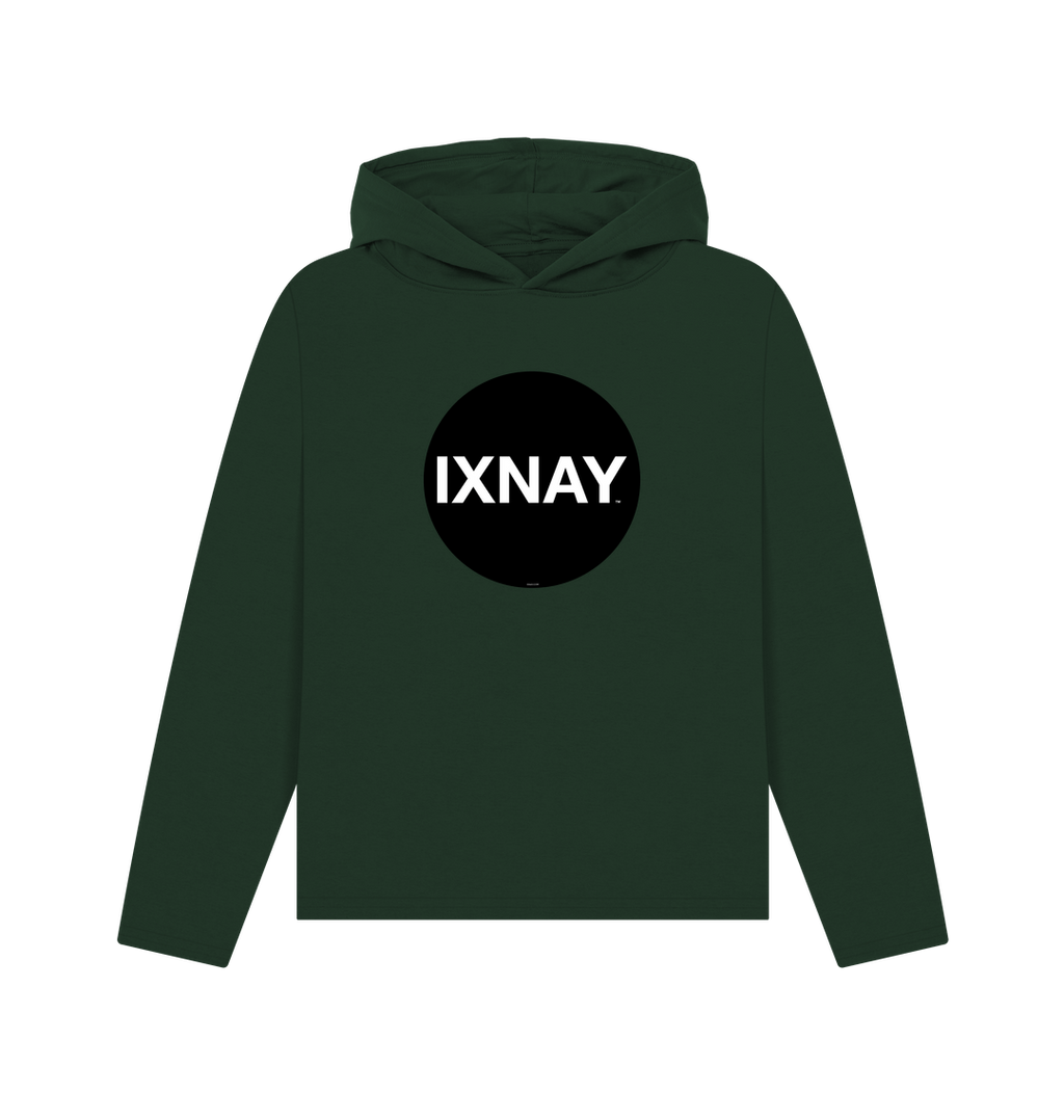 womens dark green evergreen organic recycled pullover hoodie with original black round IXNAY logo