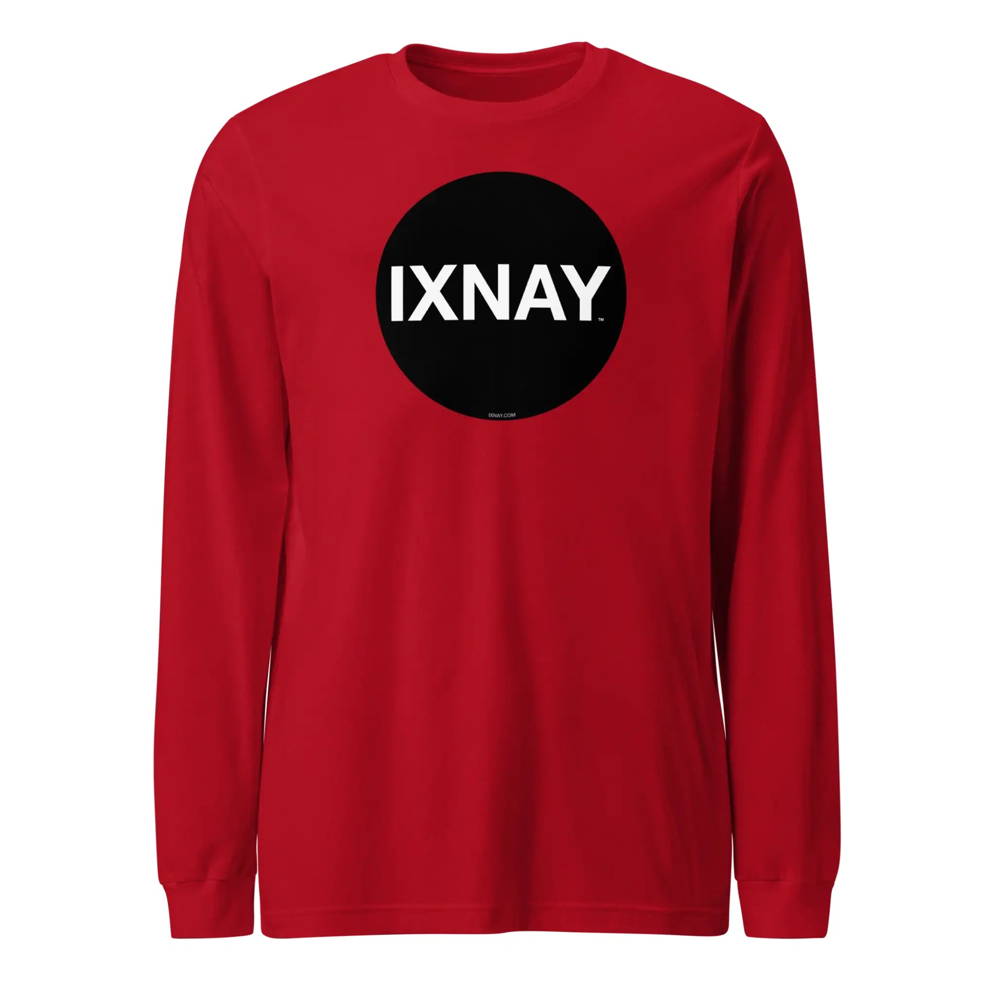 Red women's long-sleeve t-shirt with a black circle featuring 'IXNAY' on a white background