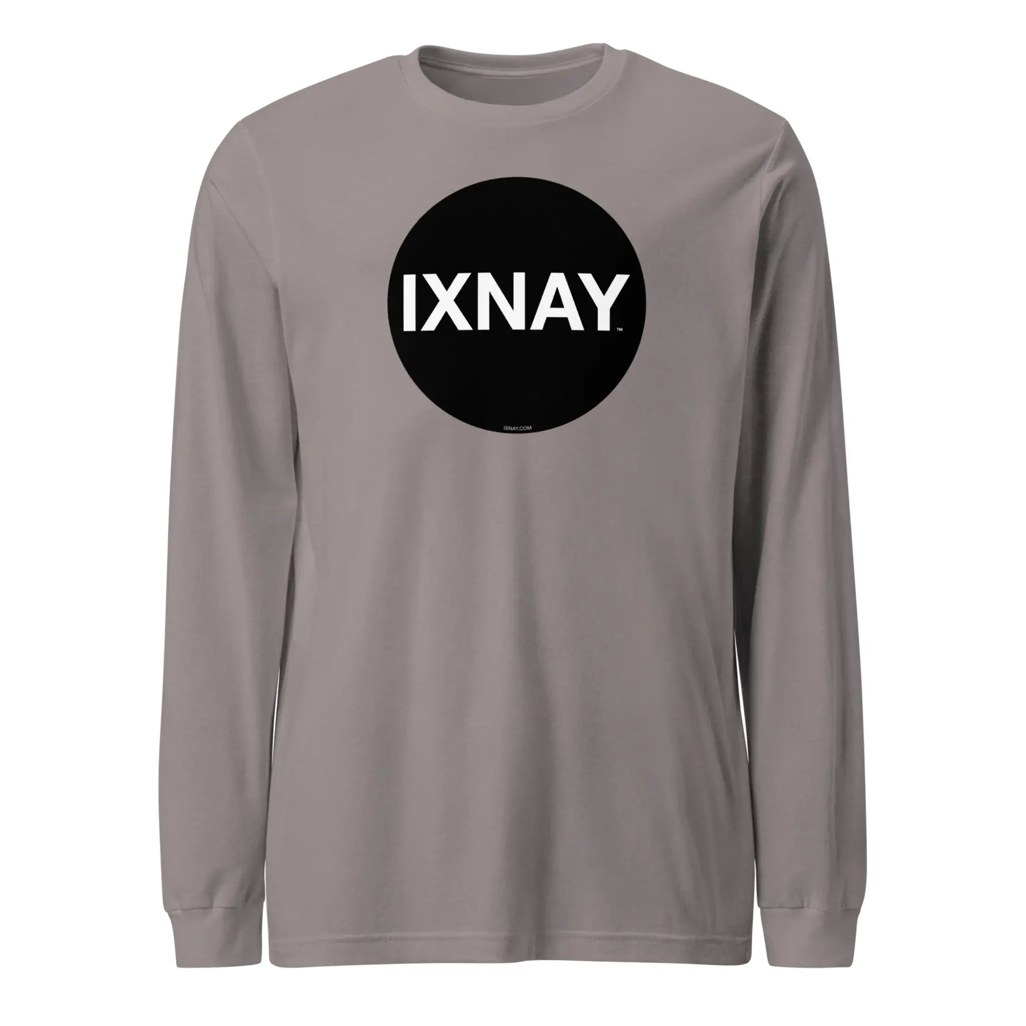 Gray women's long-sleeve t-shirt with a black circle and 'IXNAY' text on a white background
