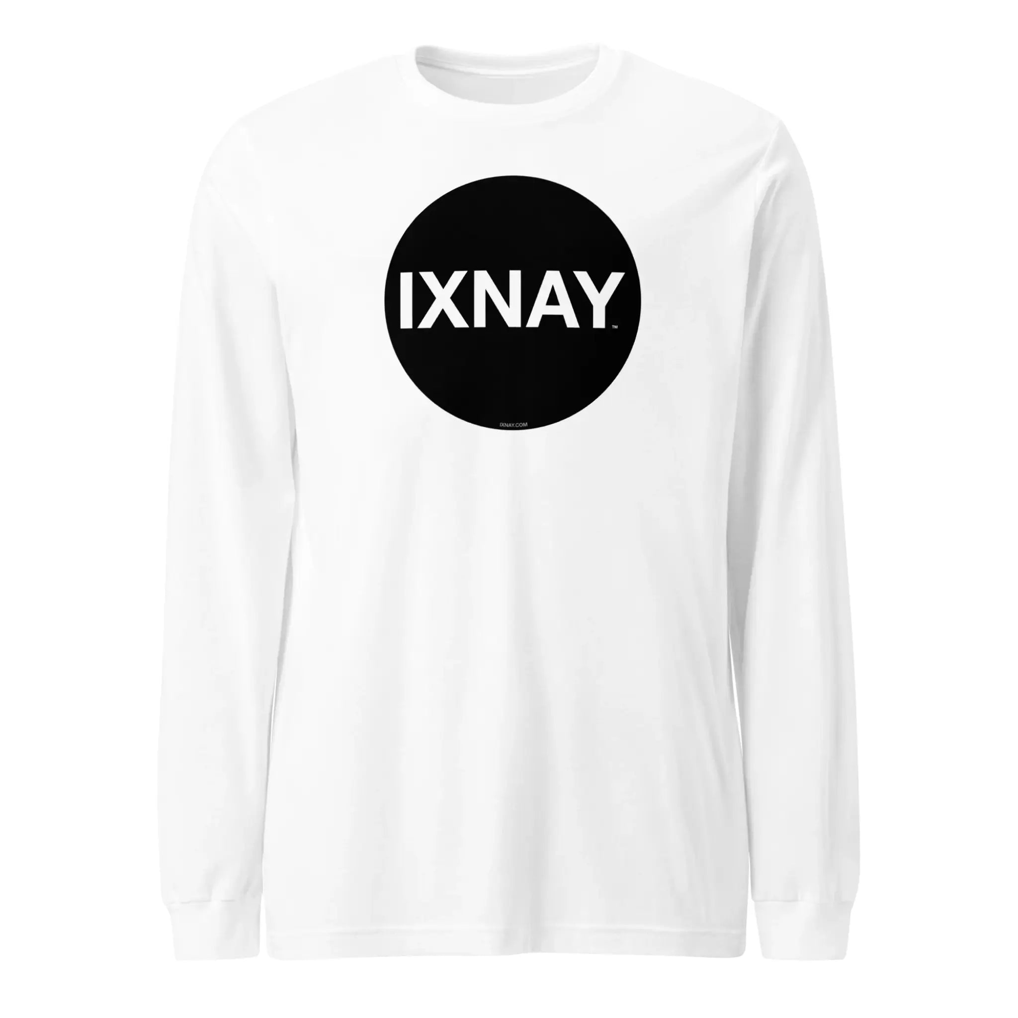 White women's long-sleeve t-shirt with a black circle and 'IXNAY' text on a white background