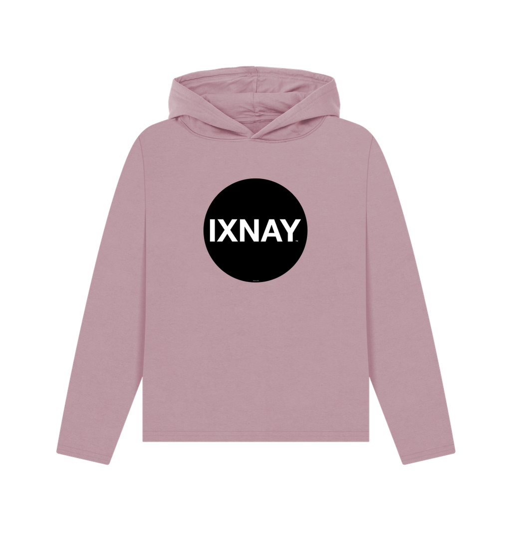 womens mauve pink organic pullover hoodie with original black round IXNAY logo