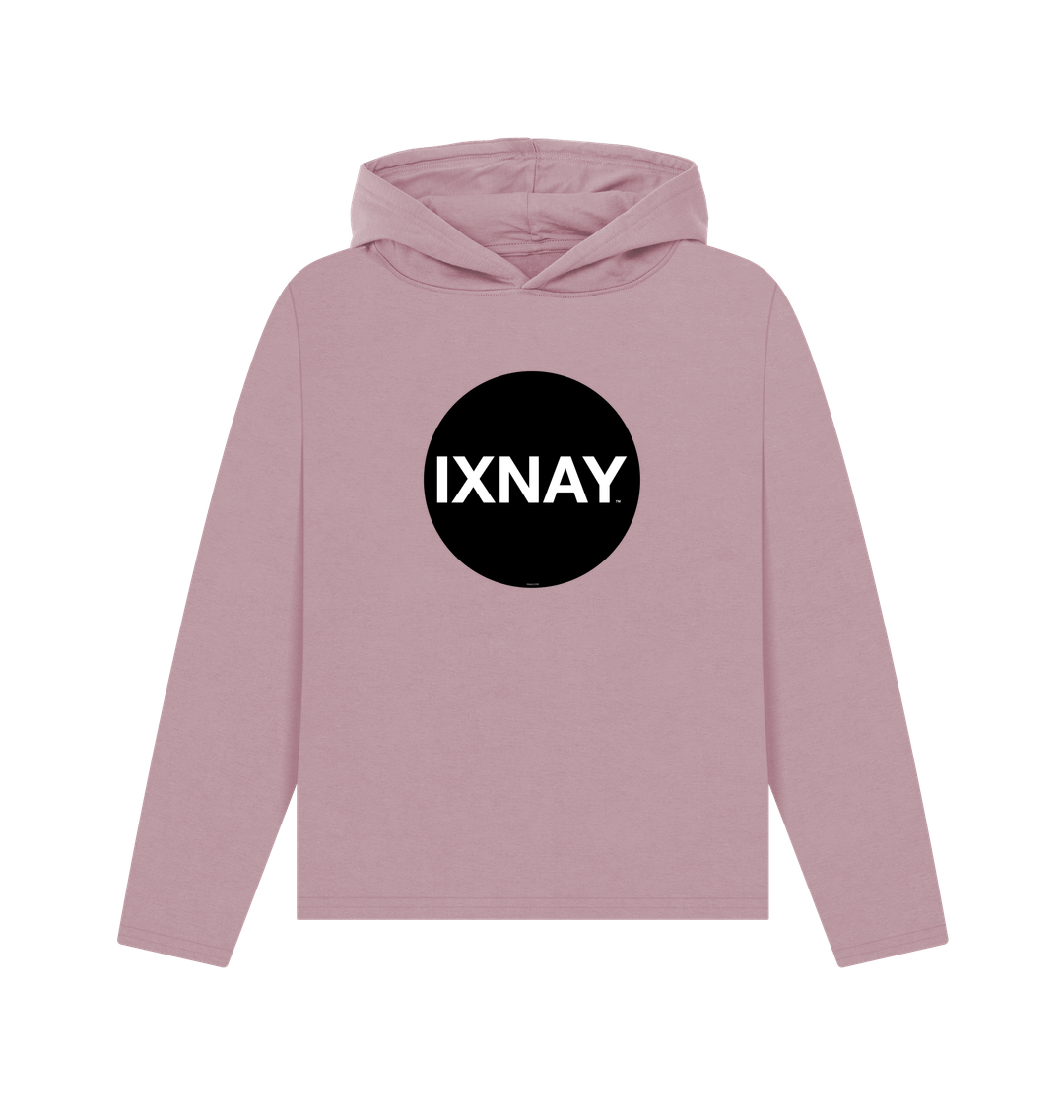 womens mauve pink organic pullover hoodie with original black round IXNAY logo